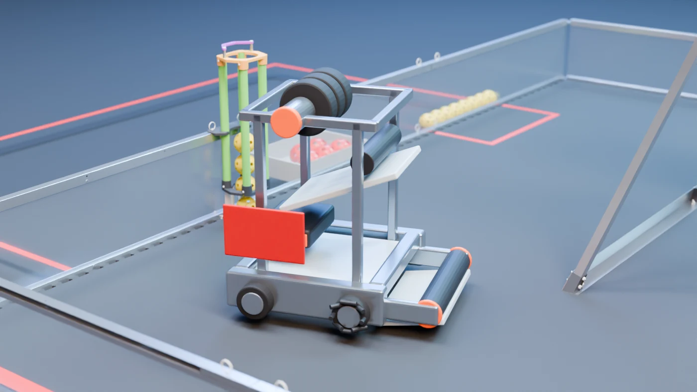 Cinematic close view of a REV Starter Bot on the BIOBUZZ field