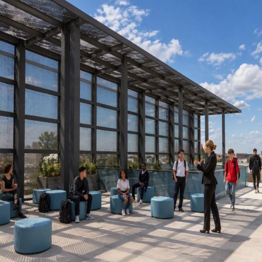 Students gathered in an outdoor learning space at Lewis Middle School